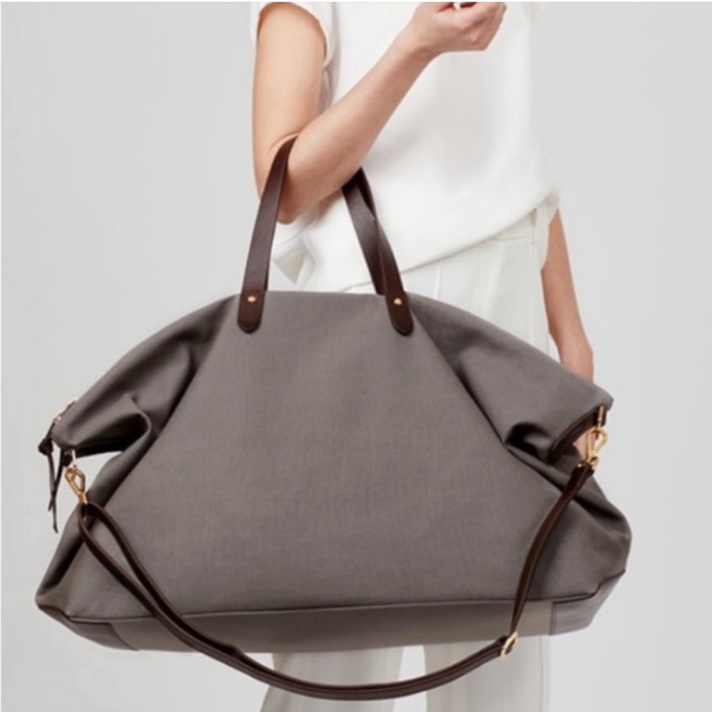Cuyana Gray Canvas and Brown Leather Overnight Bag